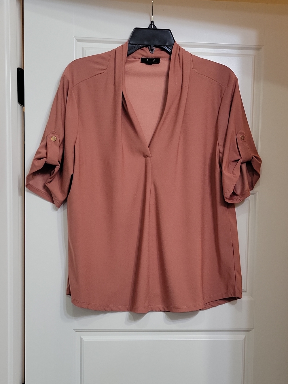 V-Neck Roll-Tab Blouse in Dusty Rose